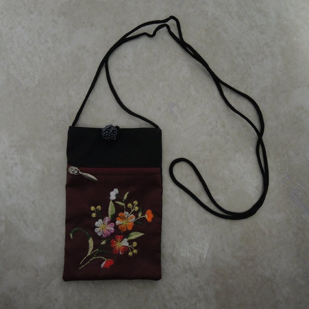 Handmade Pouch Mini Bag w/Zip Pocket Dark Red & Black, Floral Embroidery